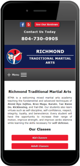 Richmond Traditional Martial Arts Website Design on Phone